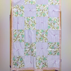 Handmade Baby Quilt Lap Blanket Purple Lavender Lilac Aqua Pink Floral 60” x 40”